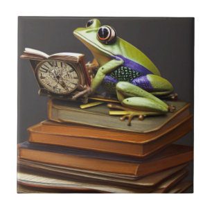 Carreau en céramique grenouille et horloge Steampu