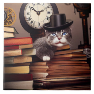 Carreau en céramique représentant un chat Steampun