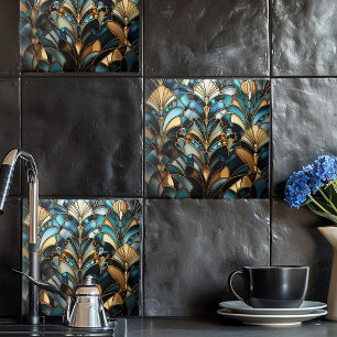 Carreau en céramique turquoise noir or éventail Ar