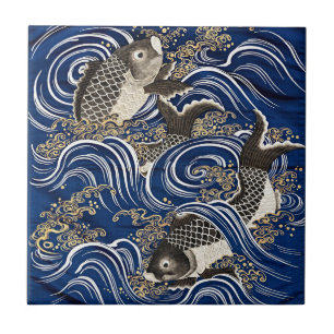 Carreau en céramique vintage japonais avec carpes
