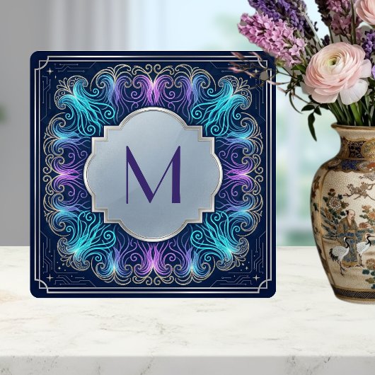 Carreau Enchanting  Monogram Teal Purple Swirls Decorative