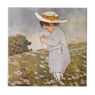 Carreau Enfant Antique Cueillant des Marguerites Bessie Pe