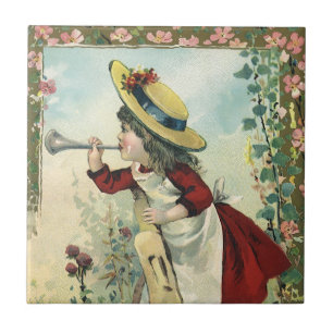 Carreau Enfant victorienne vintage, fille soufflant dans u
