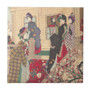 Carreau Enfants jouant dans la neige sous des pruniers