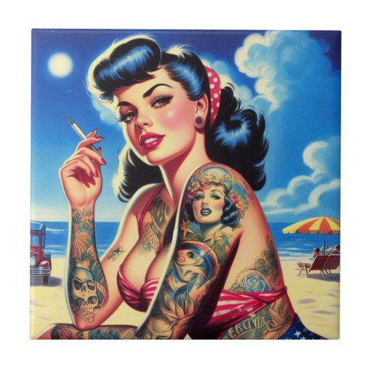 Carreau Épinglette d'été rétro tatouée Bikini (Devant)