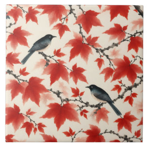 Carreau Érable automnal et oiseaux Art japonais