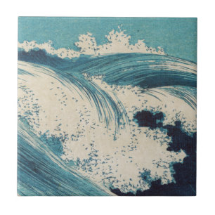 Carreau Estampe antique japonaise sur bois Vagues bleues d