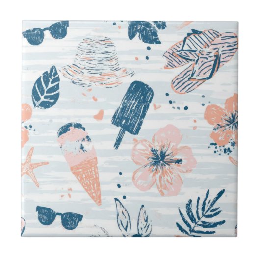 Carreau Été Plage Tropical Bleu Corail Rayé (Devant)