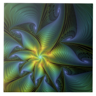 Carreau Etoile Abstraite, Bleu brillant Vert Or Fractal Ar