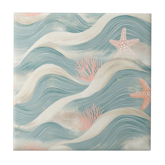 Carreau Étoile de mer côtière sur motif de vagues de sable (Devant)