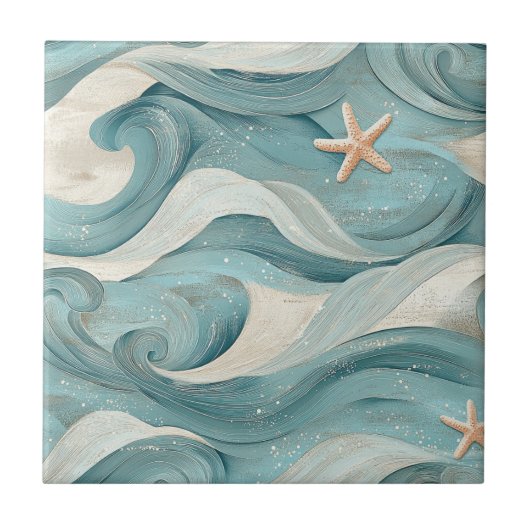 Carreau Étoile de mer côtière sur motif de vagues de sable (Devant)