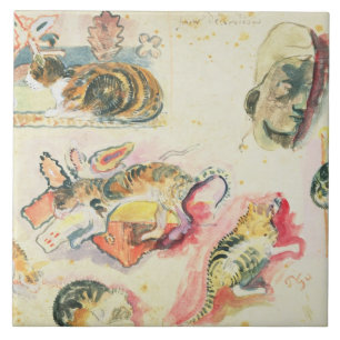 Carreau Étude de Paul Gauguin des chats et d'une tête