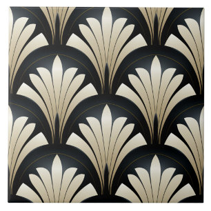 Carreau Éventails floraux Art déco noir et beige