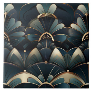 Carreau Éventails floraux Art Déco sarcelle avec lignes do