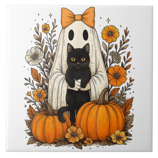 Carreau Fantôme d'Halloween tenant un chat noir (Devant)