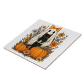 Carreau Fantôme d'Halloween tenant un chat noir (Côté)
