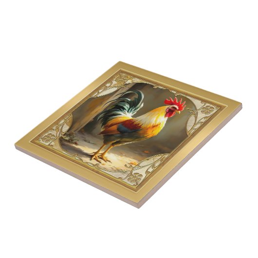Carreau Farmhouse Rooster Gold Ceramic Tile (Côté)