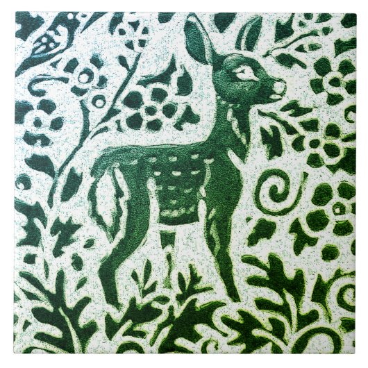Carreau Faune Deer Batik Vert Moderne Bleu Floral Bois (Devant)