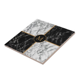 Carreau Faux Black and White Check Marble Monogram