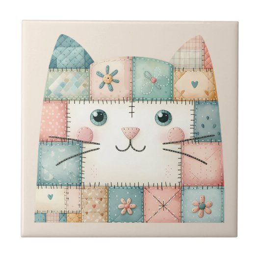 Carreau Faux Patchwork Pastel Cottage Kitty Visage (Devant)