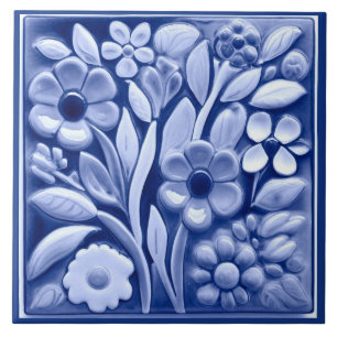 Carreau Faux Relief Fleurs Flore Bleu Foncé