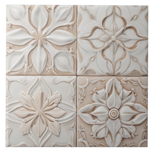 Carreau Faux Relief - Pastel Beige & Blanc Abstrait Floral (Devant)