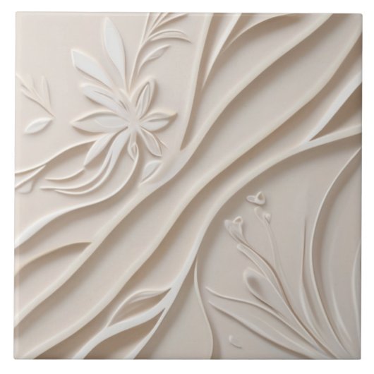 Carreau Faux Relief Pastel Beige & blanc Abstrait Floral (Devant)