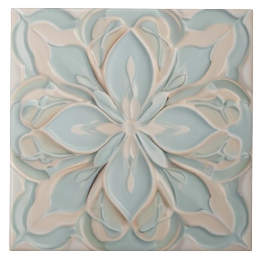 Carreau Faux Relief Pastel Mint Bleu & Blanc Floral (Devant)