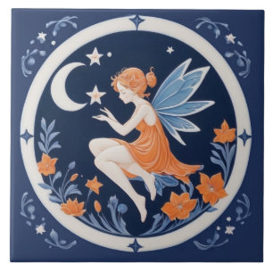 Carreau Fée avec lune et étoiles Nuit bleue et orange