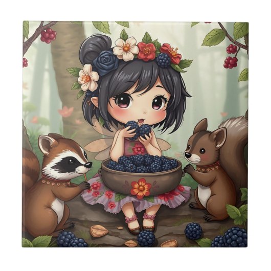 Carreau Fée Chibi mangeant des mûres avec son ami de la fo (Devant)