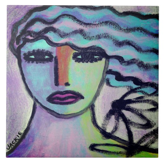 Carreau Femme avec portrait Abstrait de fleurs (Devant)