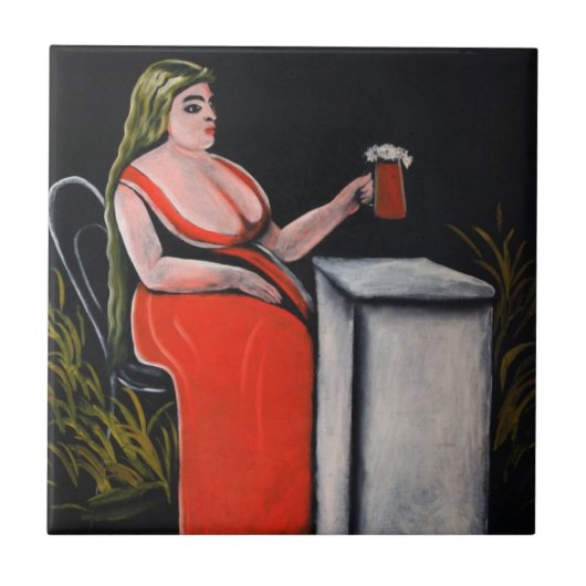 Carreau Femme courbée avec une tasse de bière (Devant)
