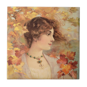Carreau Femme d'automne Art Nouveau Imprimé de feuillage d