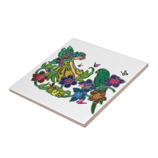 Carreau Femme de papillon florale et oiseau (Côté)