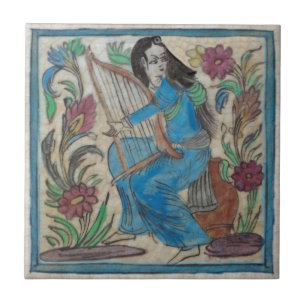 Carreau Femme peinte à la main avec Harp Persian Antique 