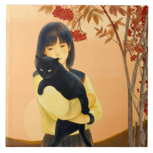 Carreau Femme tenant un chat noir en automne