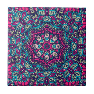 Carreau Fête Abstraite de fleurs Mandala, Magenta Turquois