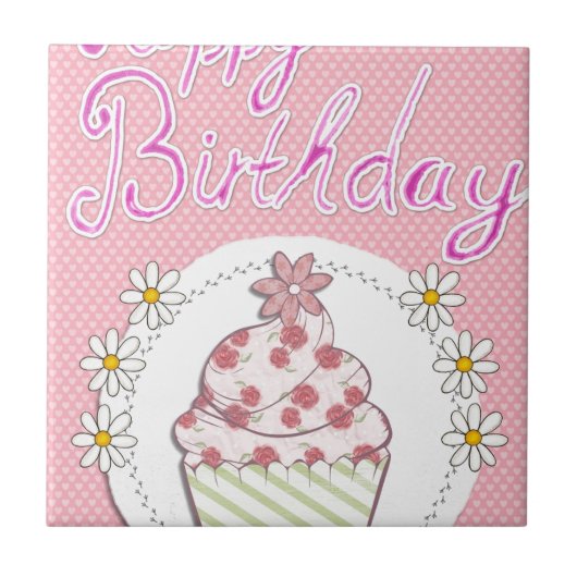 Carreau Fête Cupcake Rose Joyeux anniversaire (Devant)