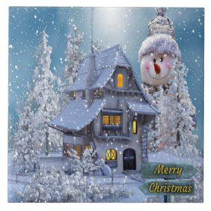Carreau Fête de Noël Hiver Blanc Bonhomme de Neige Bleu Ru