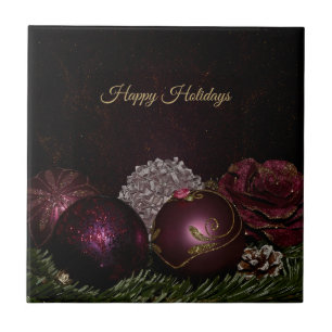 Carreau Fête de Noël Ornements Roses Feuilles Vertes Noire