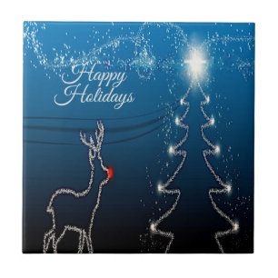 Carreau Fête de Noël Renne Arbre Ciel Bleu Étoiles Brillan