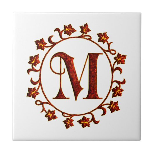 Carreau Feuille de rouge de monogramme de la lettre M (Devant)