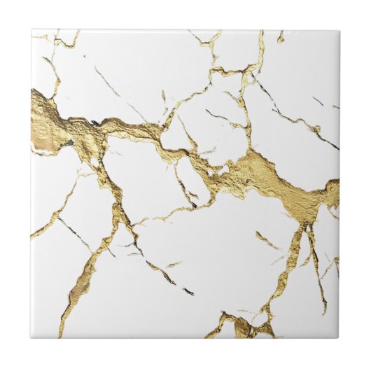 Carreau Feuille d'Or Lourde sur Marbre Blanc (Devant)