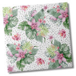 Carreau Feuille Floral Tropical Motif<br><div class="desc">Un design tropical qui embrasse la tranquillité de la nature mêlée à un côté ludique. Un mélange de feuilles tropicaux verdoyants apaisants, dont des feuilles de bananes, des palmiers, des feuilles de monstères et des plantes de princesse roses, ainsi que des fleurs apaisantes d'orchidées rose violet et des fleurs de...</div>