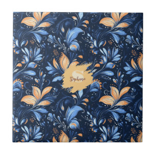 Carreau Feuilles Abstraits de marguerite bleu et or (3)