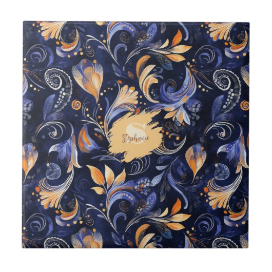Carreau Feuilles Abstraits Paisley bleu et or (Devant)