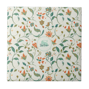 Carreau Feuilles bleu vintage et motifs floraux orange