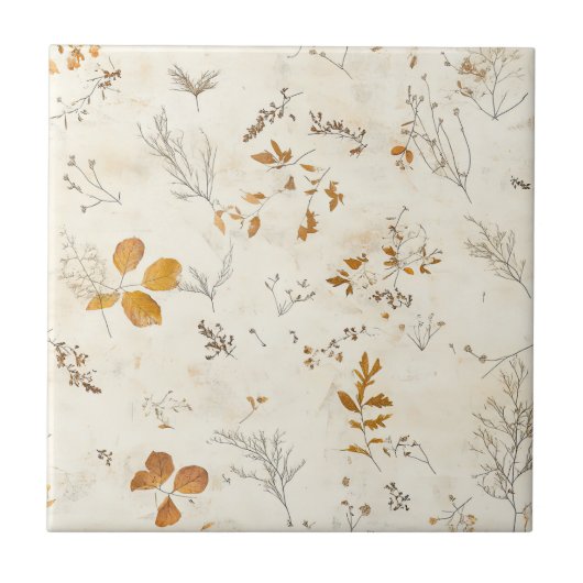 Carreau Feuilles Brunes Rustiques Chute Foliage sur Crème (Devant)