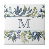 Carreau Feuilles de Bleu Indigo Bordure Monogramme (Devant)
