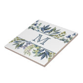 Carreau Feuilles de Bleu Indigo Bordure Monogramme (Côté)